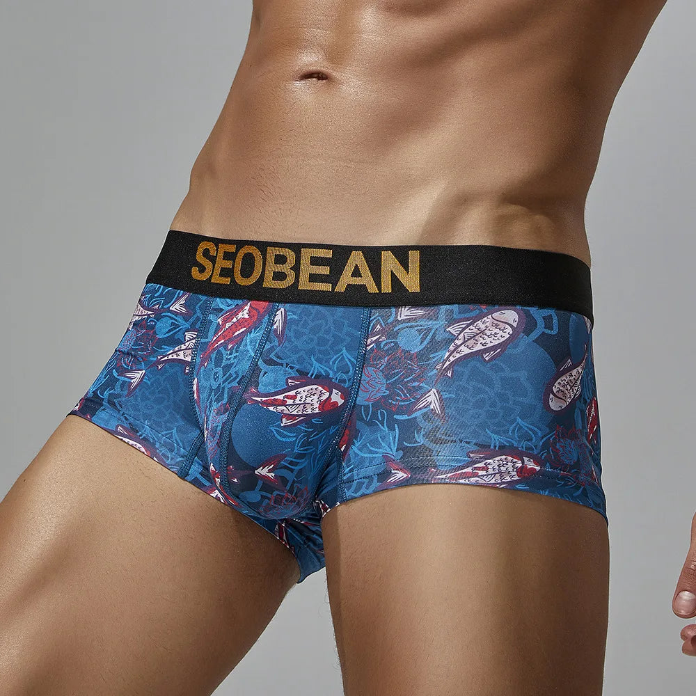 4-Pack SEONBEAN Men's Low-Waist U-Shaped Print Boxer Shorts Comfortable Cooling Fashionable Underwear Flat Angle Pants