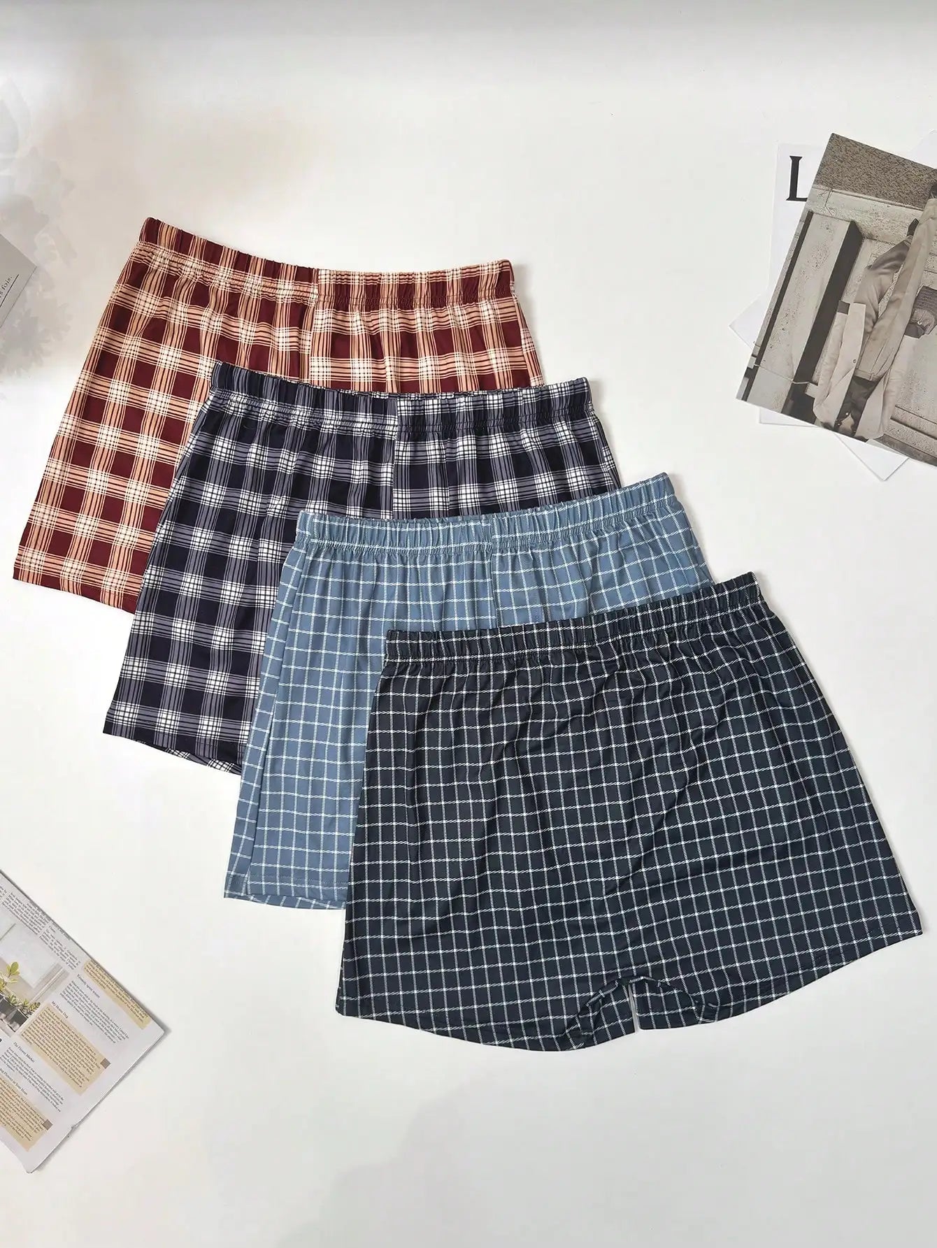 4 Pcs Men's Casual Plaid Boxer Shorts Loose Breathable Elastic Waist Summer