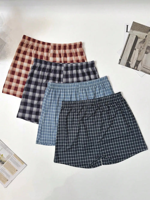 4 Pcs Men's Casual Plaid Boxer Shorts Loose Breathable Elastic Waist Summer