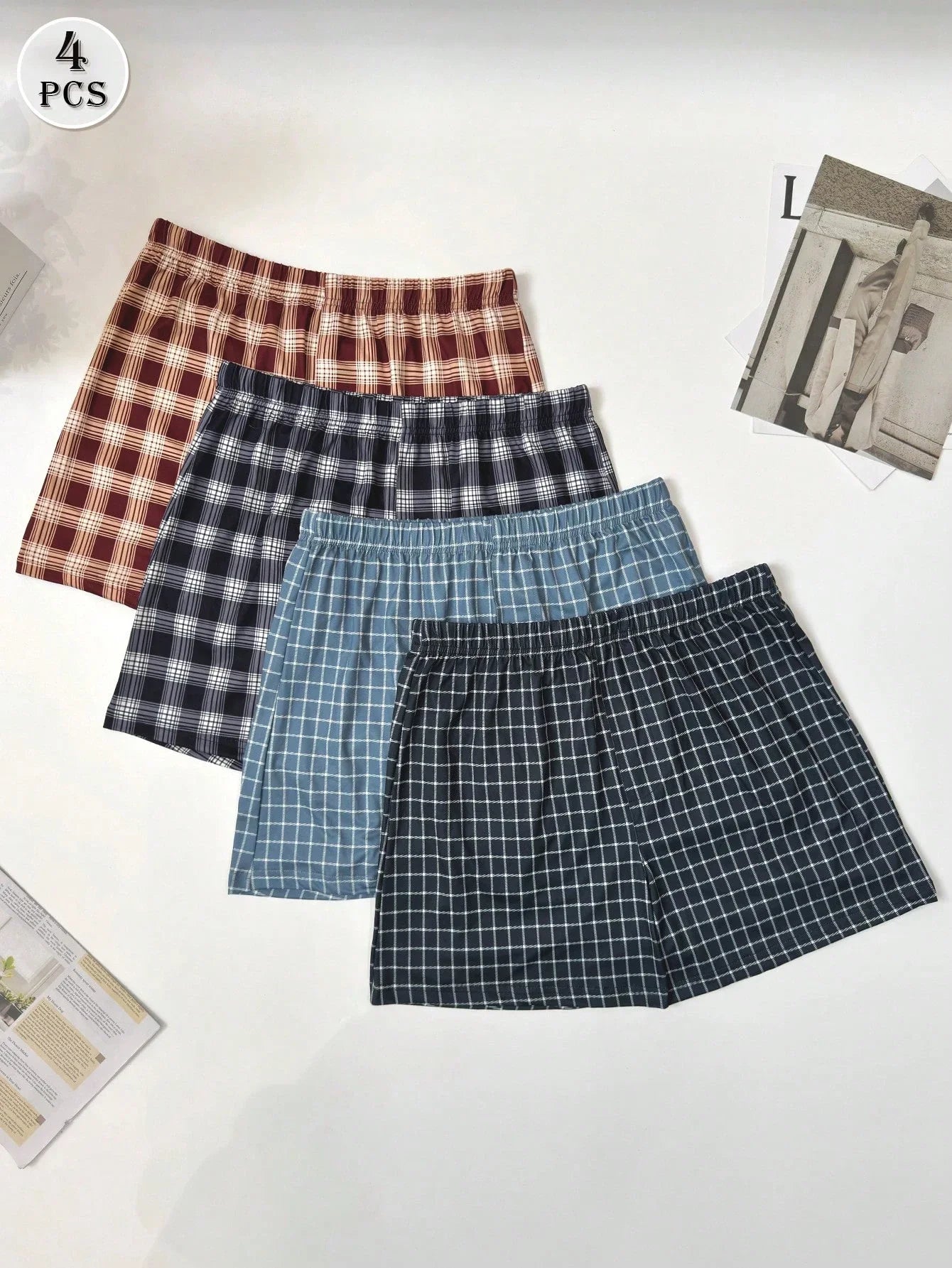 4 Pcs Men's Casual Plaid Boxer Shorts Loose Breathable Elastic Waist Summer